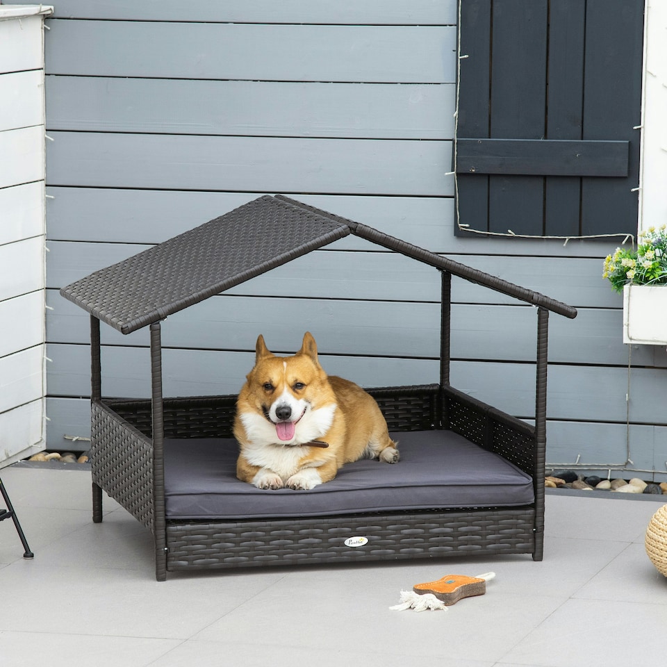 image 1 of PawHut Wicker Dog House, Rattan Pet Bed with Soft Cushion, Cat Basket - Grey