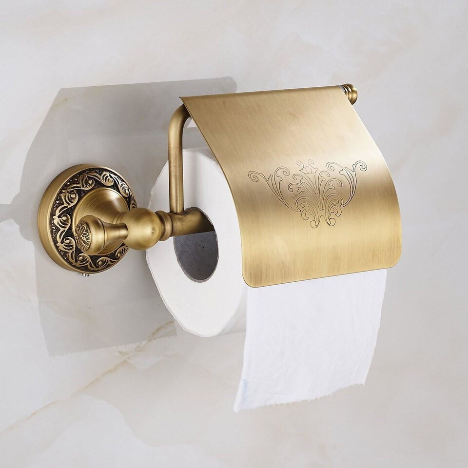 image 1 of Antique Brass Toilet Elegant Roll Holder with Flap Paper Rack Wall Mounted