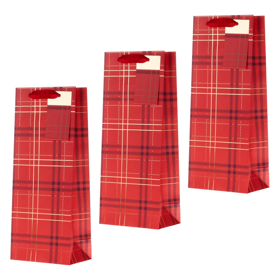 image 1 of Hallmark Pack Of 3 Christmas Bottle Bags - Red Tartan Design