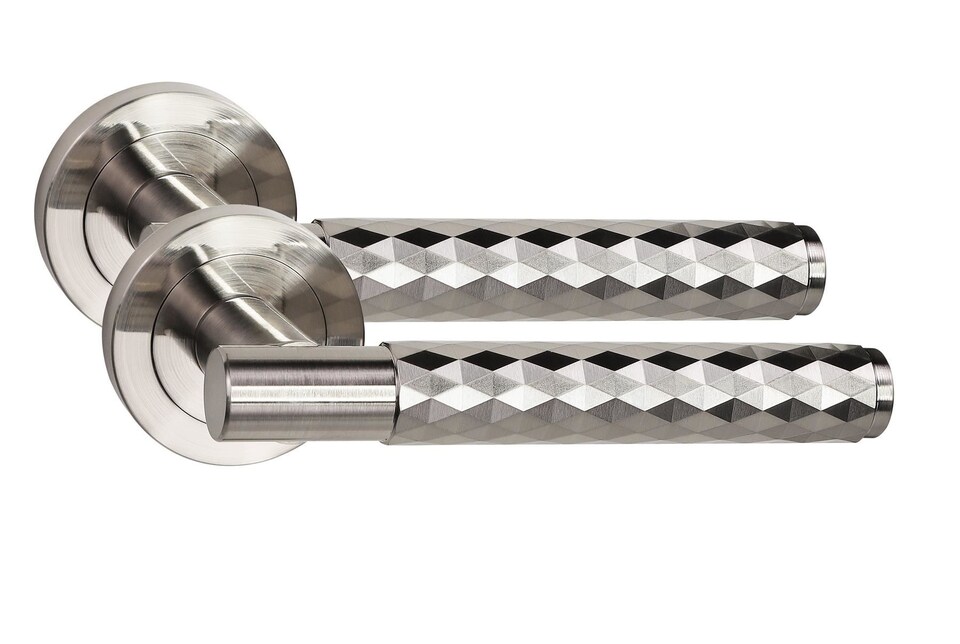 image 1 of Golden Grace Knurled Diamond Cut T-Bar Bathroom Door Handle Set Satin Nickel with Matching Key Hole Escutcheon