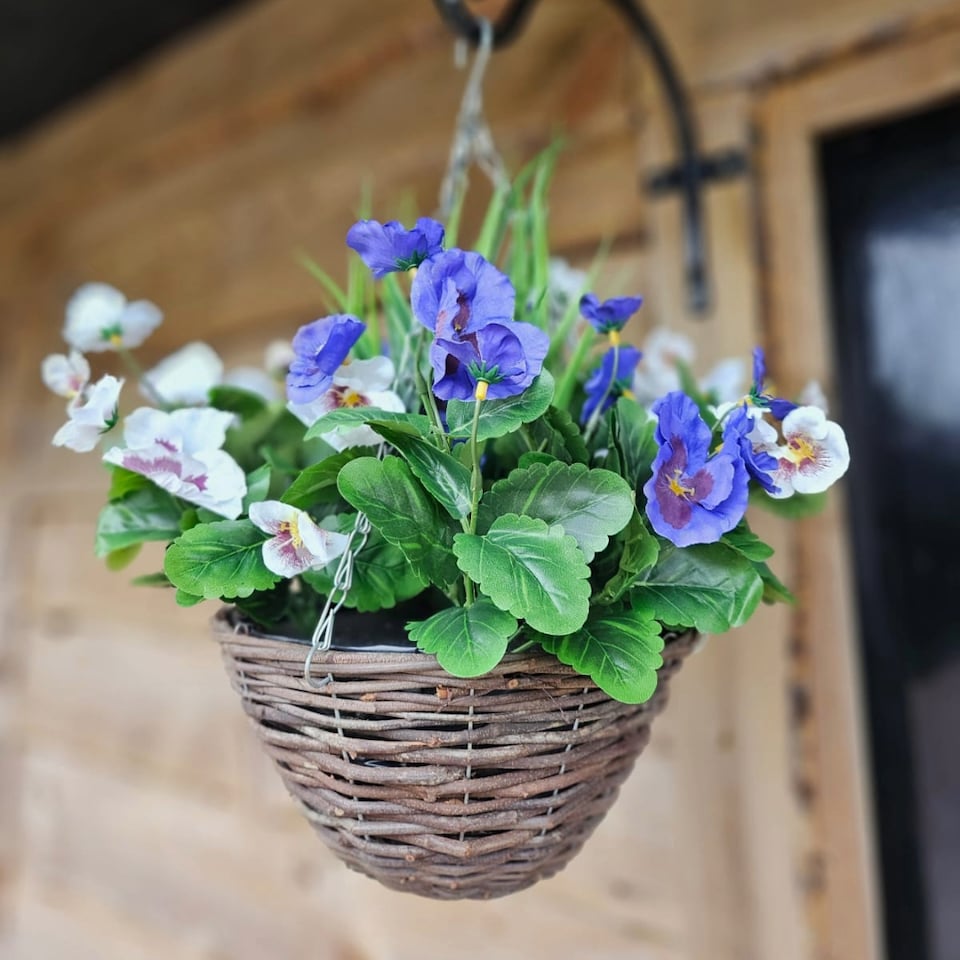 image 1 of Pair of 30cm 10 Inch Lilac & White Pansy Flower with Decorative Rattan Hanging Baskets for Indoor Outdoor Garden Use | Blue | Lilac & White | 1