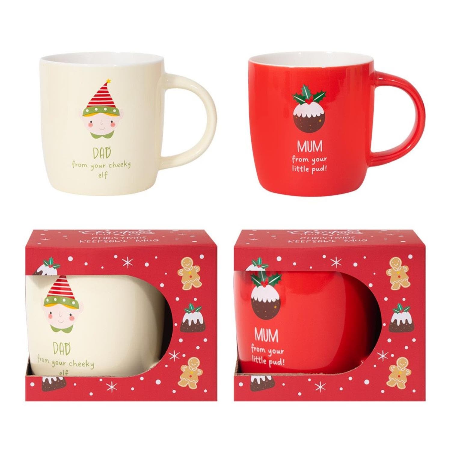 Set of 2 Mum & Dad Mugs Christmas Pudding Festive Elf Red Green Cream 340ml