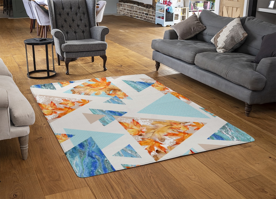 image 1 of Triangles With Maple, Oak Leaves, Marble Designer Rug | Multi