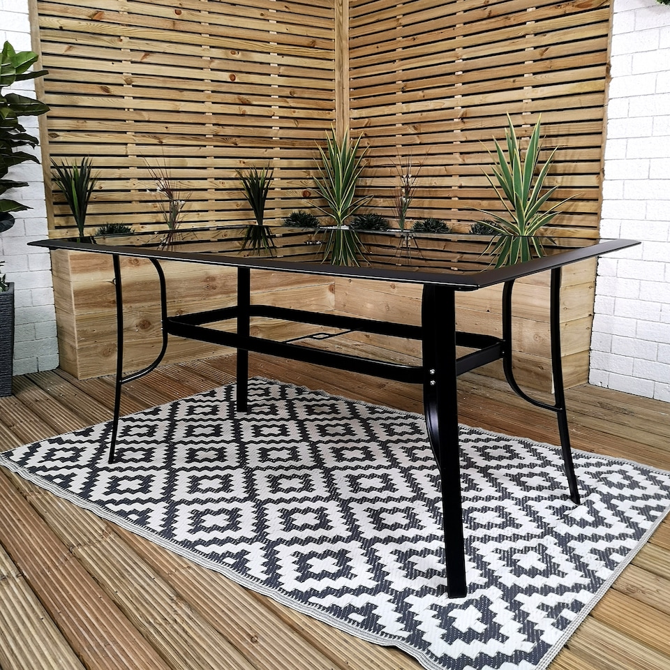 image 1 of 6 Person Rectangular Black Garden Patio Table with Glass Top & Parasol Hole