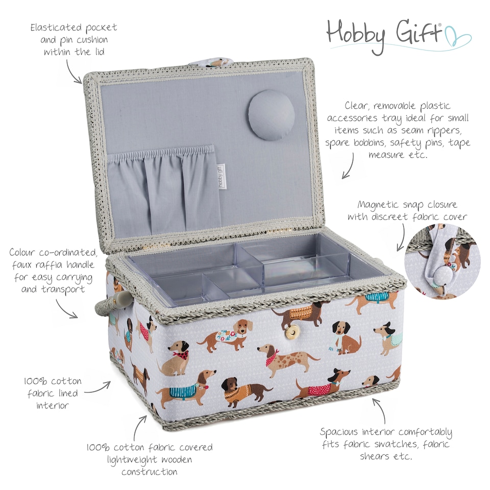 image 1 of Hobby Gift Medium Sewing Storage Box with Sewing Kit, Sausage Dog