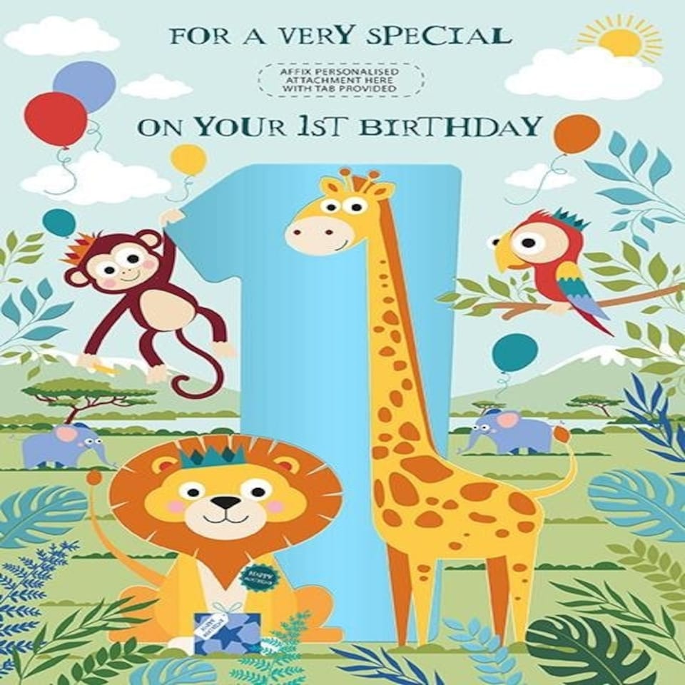 Words 'n' Wishes Boys 1st Birthday Card, Age 1 Safari Animals Special Little Boy, Brother, Son, Grandson, Godson or Nephew