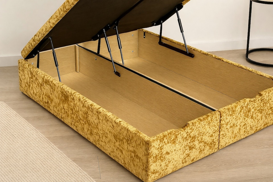image 1 of Foot Open Gold Crush Velvet 5ft Kingsize Ottoman Bed with Mattress and Chesterfield Headboard