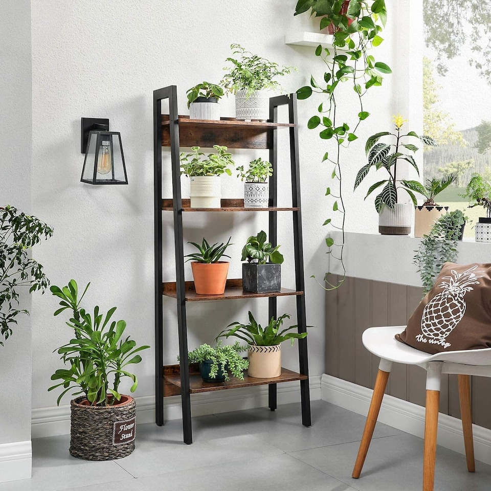 image 1 of 4-Tier Slim Ladder Shelf Vertical Bookcase Storage Unit for Home Office, Rustic Brown and Ink Black