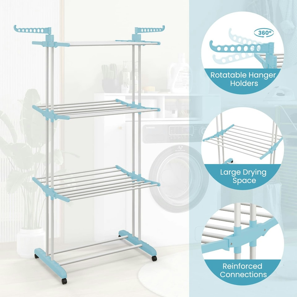 image 1 of COSTWAY 4-Tier Collapsible Laundry Rack Foldable Drying Rack Blue