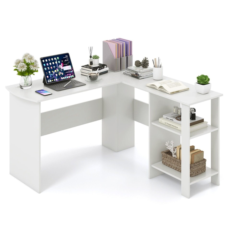 image 1 of COSTWAY L-Shaped Corner Computer Desk Workstation Desk White