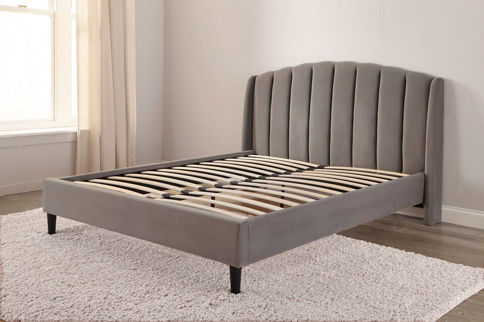 image 1 of Aurelia Winged Grey Upholstered Bed Frame | Grey | King