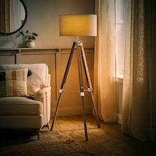 ValueLights Modern Light Wood And Chrome Tripod Floor Lamp With Cool Grey Drum Shade