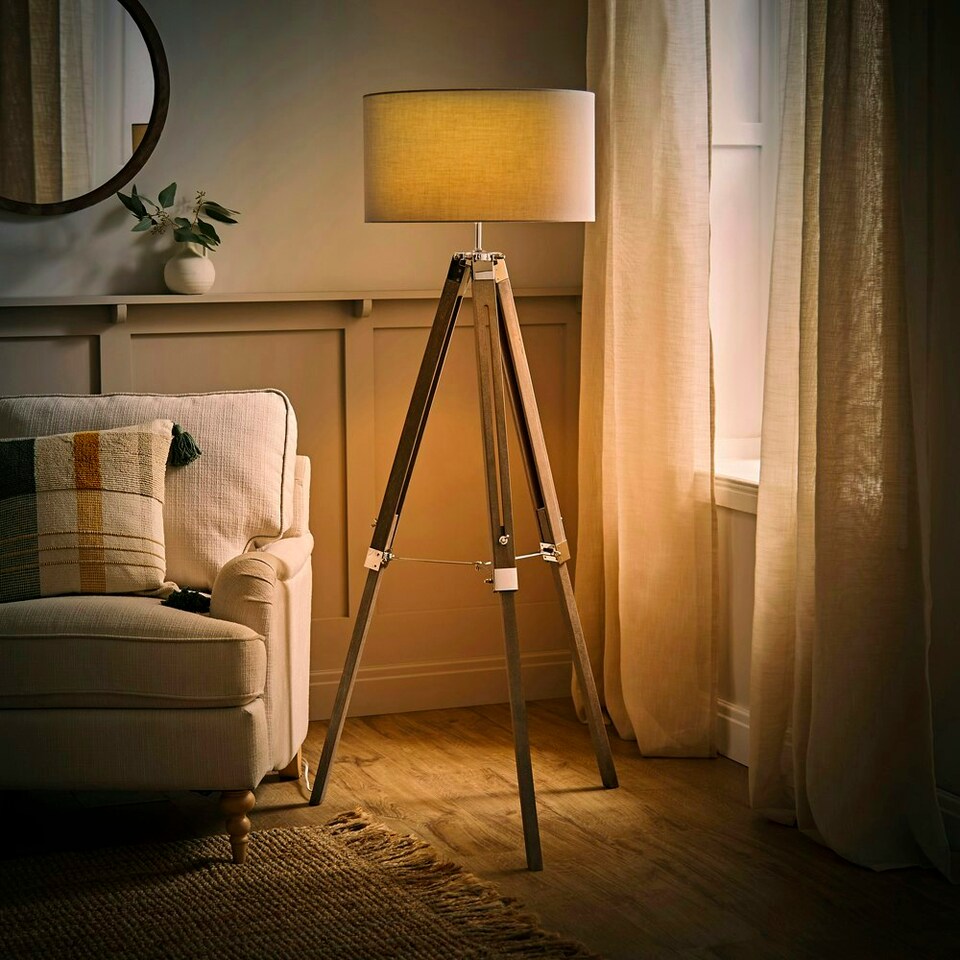 image 1 of ValueLights Modern Light Wood And Chrome Tripod Floor Lamp With Cool Grey Drum Shade