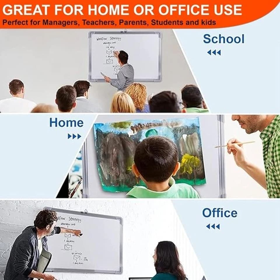image 1 of 2x Magnetic Whiteboard 900 x 600mm Silver Aluminum Frame Lightweight Hanging Dry Wipe White Board Office, School & Home Writing