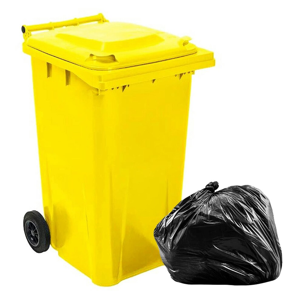 image 1 of Yellow 140L Compact Sized Waste Recycling Wheelie Bins With Strong Rubber Wheels & Lid Yellow