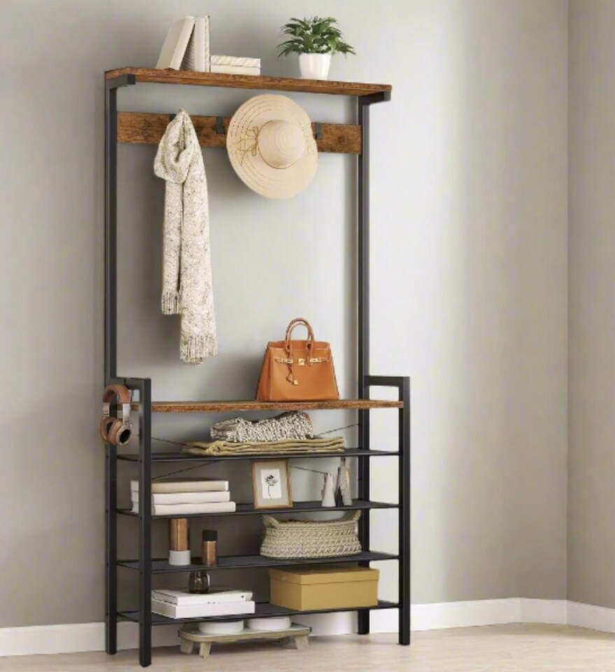 image 1 of Entryway Coat Rack Stand with Shoe Storage Shelves – Industrial Hallway Organiser