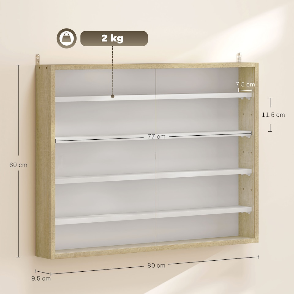 image 1 of HOMCOM 5-Tier Wall Mounted Display Cabinet, Display Case with 4 Adjustable Shelves, Glass Doors for Home Office Ornaments 60x80cm, Natural