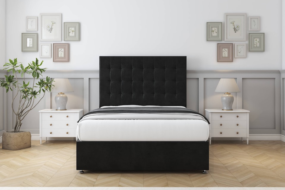 image 1 of Sloomy Alabama Black Plush Divan Bed Base 2 Drawers Same Side With 54 Inch Floor Standing Headboard | Black | Black | Small Single | 1