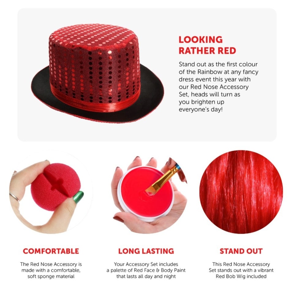 image 1 of Red Nose, Sequin Top Hat, Bob Wig & Face Paint Red | One Size
