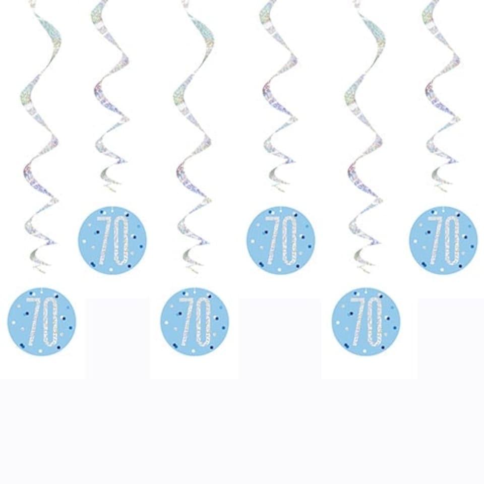 Blue Glitz Age 70 Holographic Hanging Swirl Decorations - Pack of 6