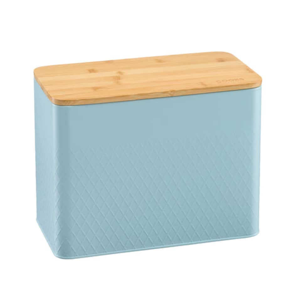 image 1 of Cooks Professional Diamond Pattern Bread Bin with Linen Bag & Bamboo Cutting Board Lid | Blue | Blue | 1