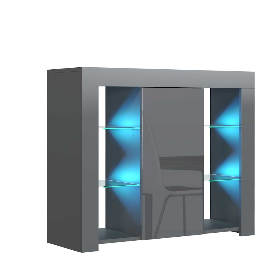 image 1 of Display Cabinet Bookcase Sideboard Storage Cabinet Cupboard Grey High Gloss LED 97.5cm