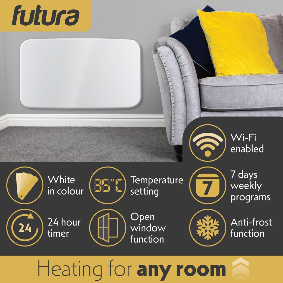 image 1 of Futura 2000W WIFI Curved Designer Electric Radiator Panel Heater White Wall Mounted Timer and Thermostat
