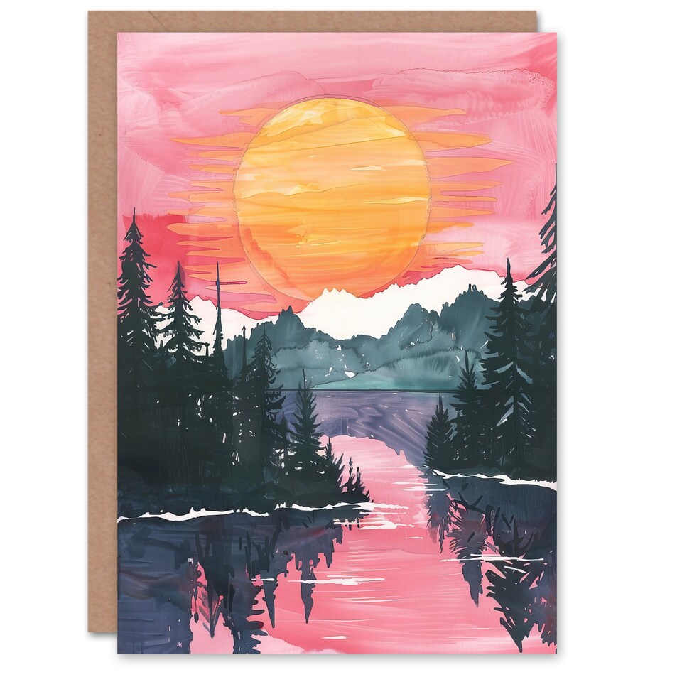 image 1 of Greeting Card Lake Tahoe Forest Winter Sun Sunset Watercolour Birthday