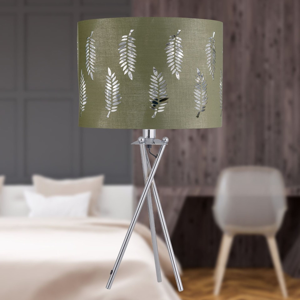 image 1 of Chrome Tripod Table Lamp with Sage Green Fern Cut Out Shade | Chrome | Green | Large | 1