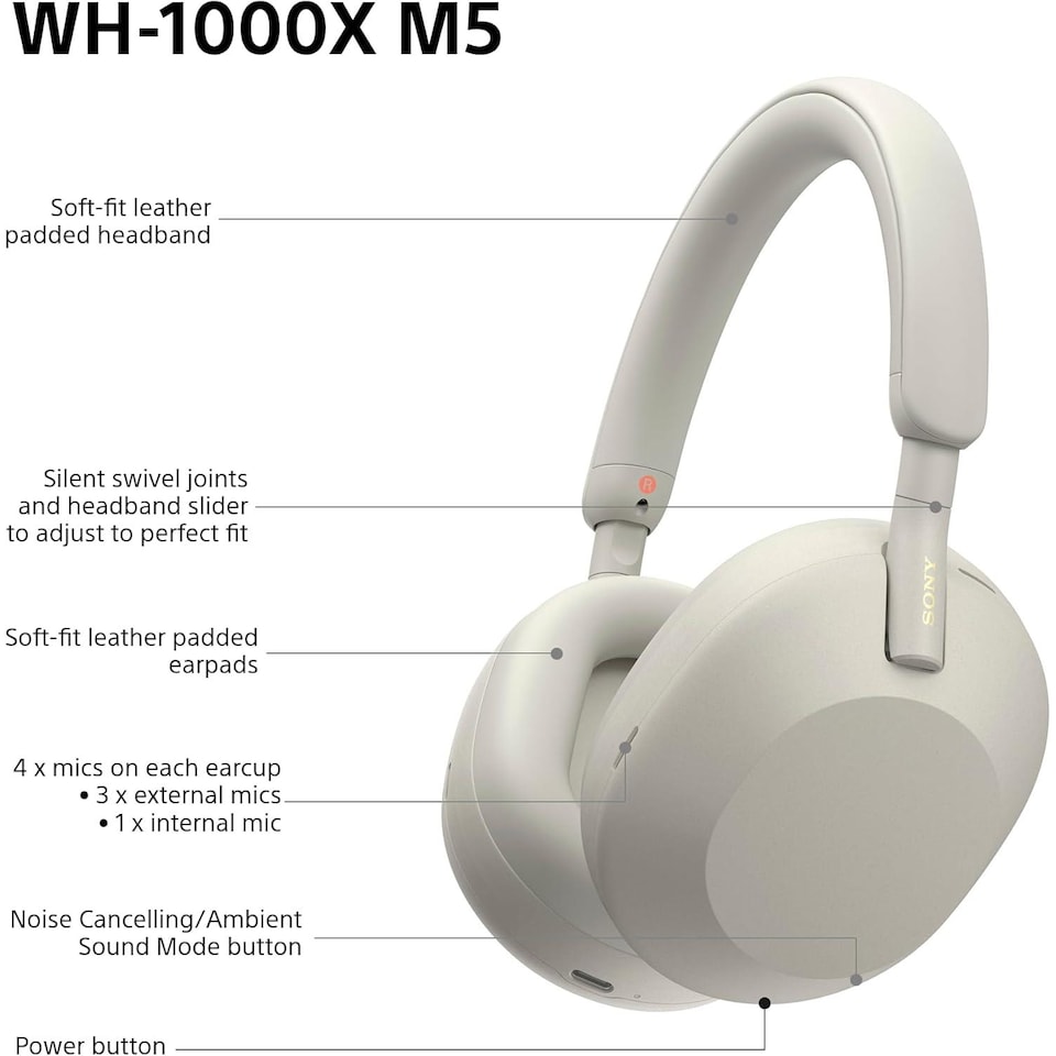 image 1 of Sony WH-1000XM5 Wireless Noise Cancelling Headphones Silver Hard Case