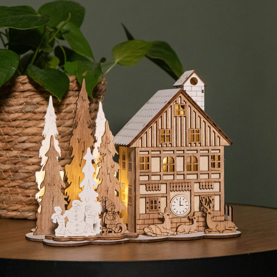 image 1 of 16cm Battery Operated Light up Wooden House Scene with Christmas Trees and Warm White LEDs