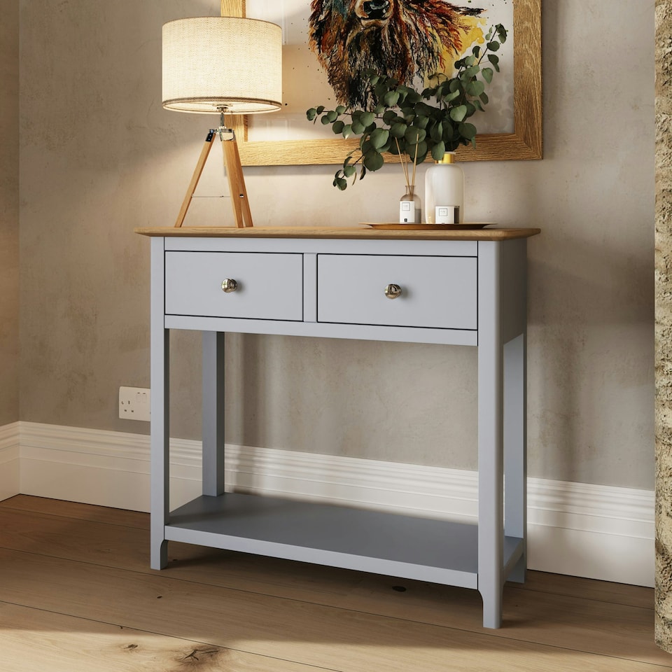 image 1 of Taberno Oak 2 Drawer Console Hallway Table Dove Grey Grey