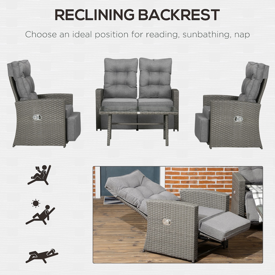 image 1 of Outsunny 4 Piece Rattan Garden Furniture Set with Sofa, Glass Table, Grey | Grey | Grey