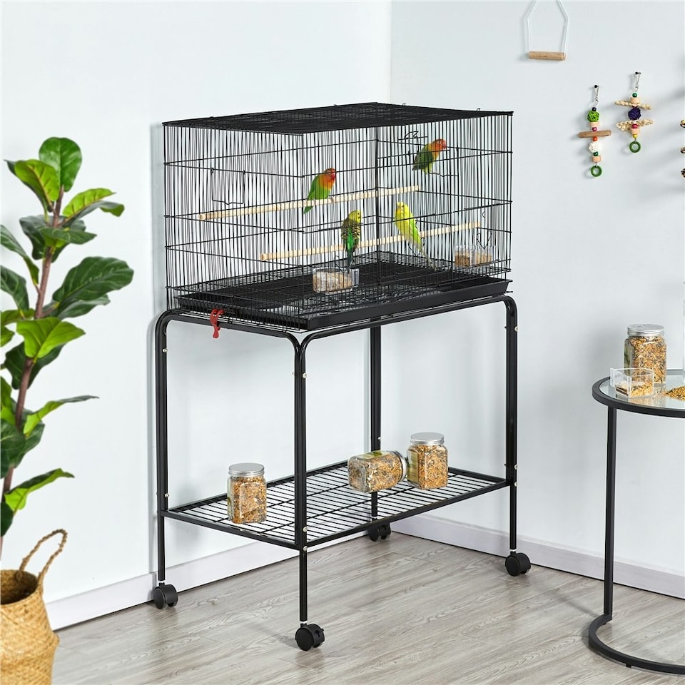 image 1 of Yaheetech 118.5 cm Flight Cage with Rolling Stand and Slide-out Tray Black