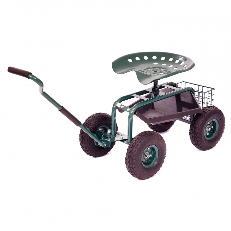 image 1 of Outdoor Rolling Garden Seat Wheeled Stool with Tool Tray & Basket | Green