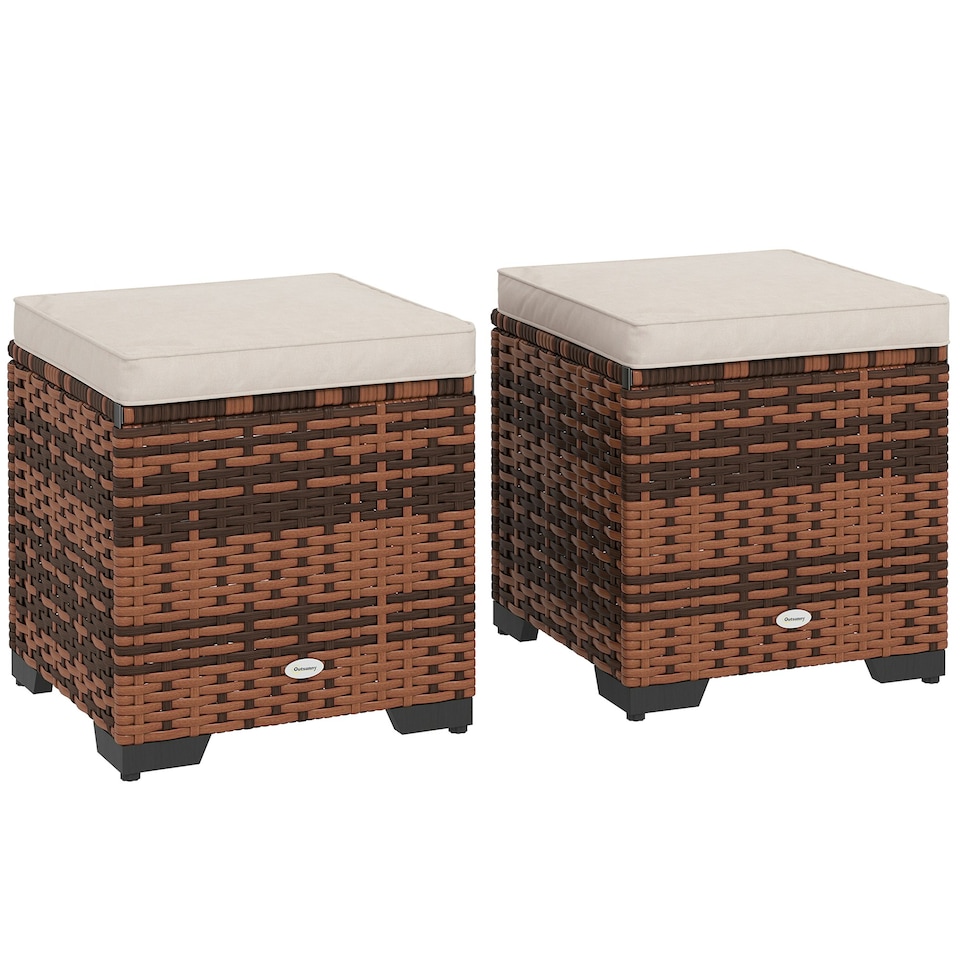 image 1 of Outsunny Set of 2 Rattan Footstool, Storage Ottoman w/ Cushions, Beige Grey