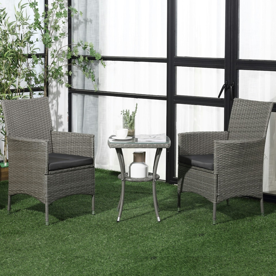 image 1 of Outsunny Rattan Bistro Set Garden Chair Table Patio Outdoor, Light Grey