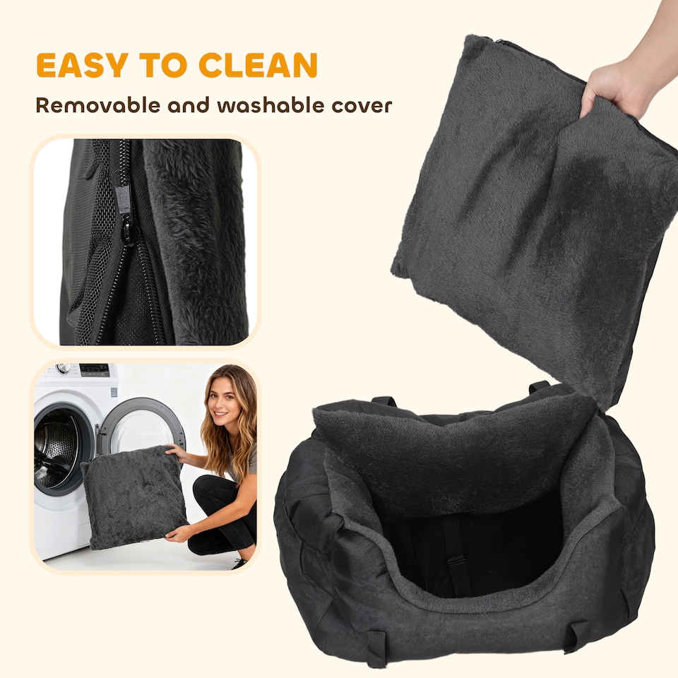 image 1 of PawHut Dog Car Seat for Small Dogs, Dog Booster Car Seat with Fixed Buckle, Safety Leash, Washable Cover, Thickened Small Pets Travel Carrier Bed, 58 x 45 x 28 cm, Black