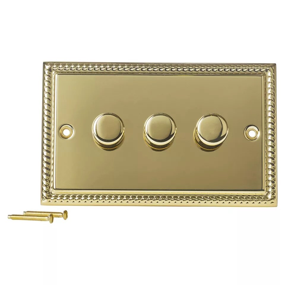 image 1 of Volex Crabtree Brass Gold 3-Gang Dimmer Light Switch