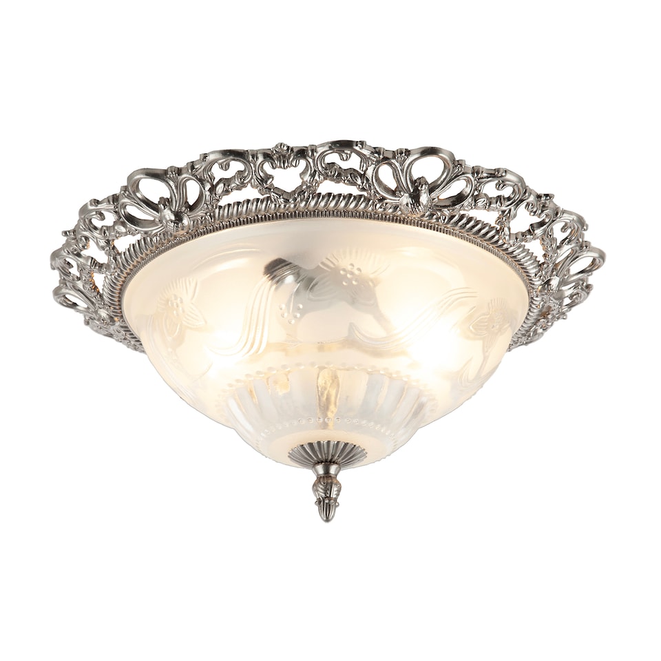 image 1 of Traditional Satin Nickel and Floral Glass Flush Ceiling Light | Silver