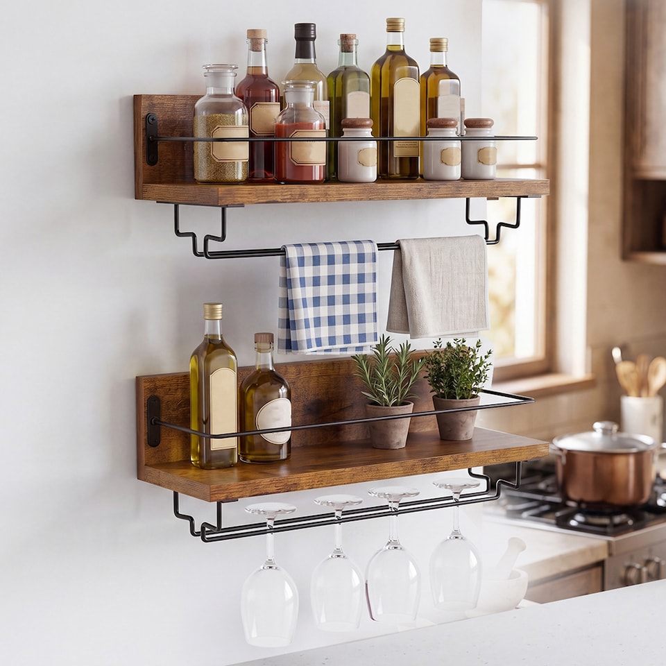 image 1 of Levede Wall Wine Rack With Glass Holder Floating Wine Shelf Home Bar Storage 2PC
