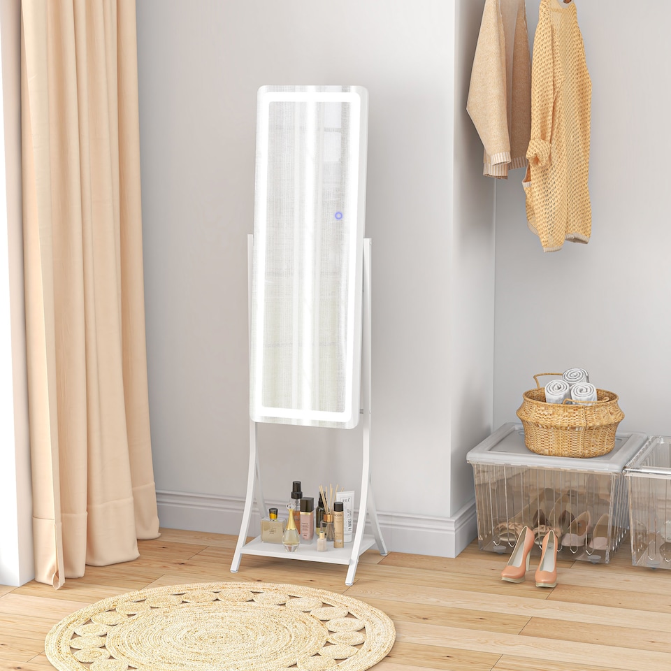 image 1 of HOMCOM LED Lighted Full Length Mirror, Floor Standing Mirror with Storage Shelf