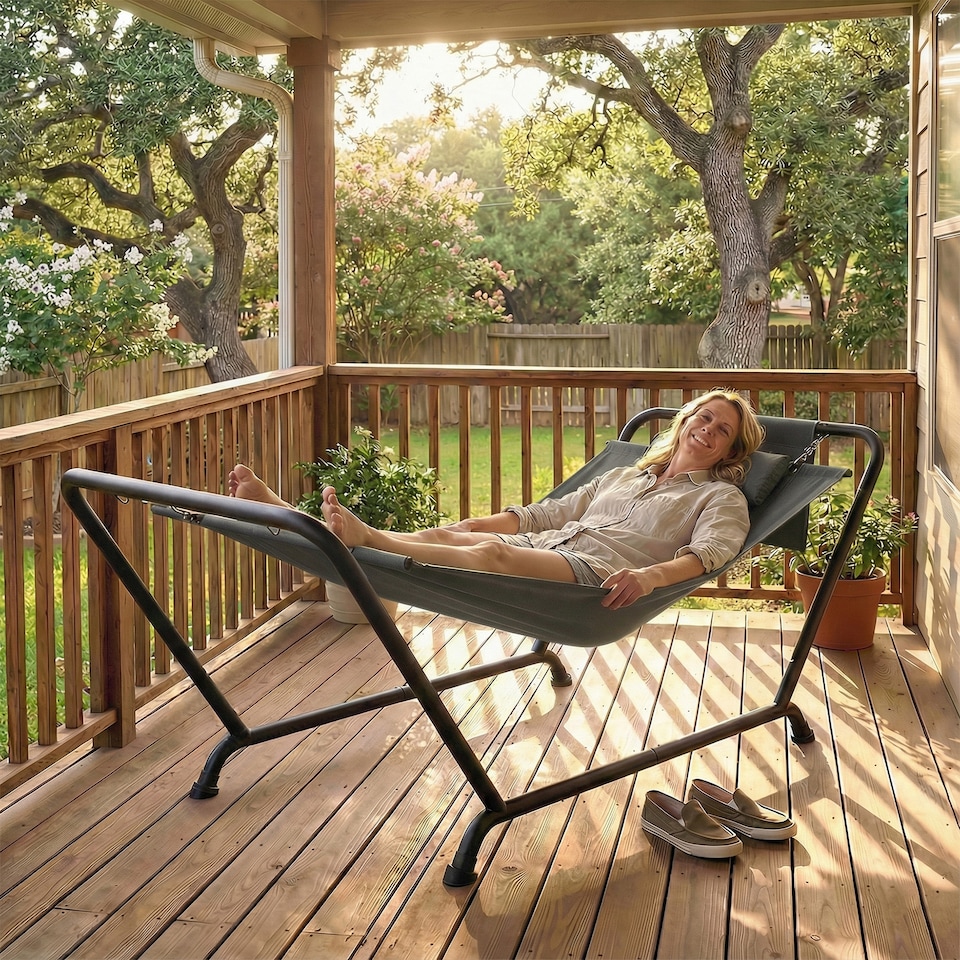 image 1 of Outsunny Outdoor Hammock with Stand with Side Pocket, Headrest, Dark Grey | Grey | Dark Grey | 237 x 90 x 92 cm
