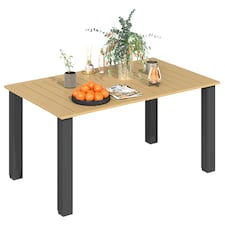 Outsunny Garden Table with Parasol Hole, Slatted Metal Tabletop, Brown | Brown | Brown | 150L x 90W x 73H cm