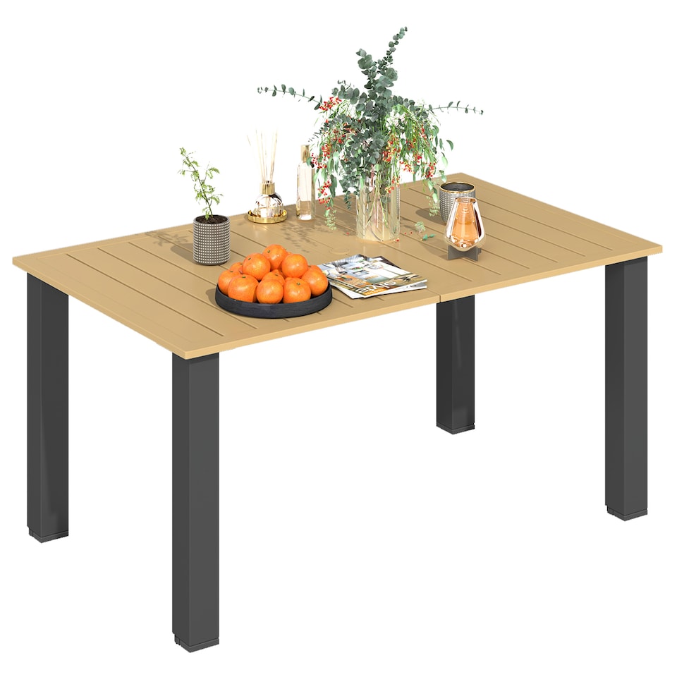 image 1 of Outsunny Garden Table with Parasol Hole, Slatted Metal Tabletop, Brown | Brown | Brown | 150L x 90W x 73H cm