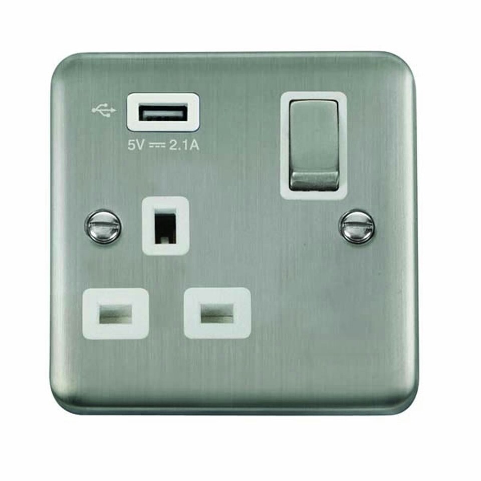 SE HOME Curved Satinless Steel 1 Gang 13A DP Ingot 1 USB Switched Plug Socket White | Stainless Steel