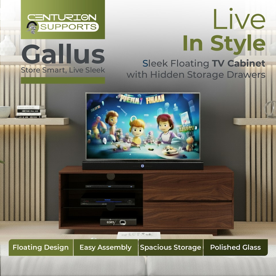 image 1 of Centurion Supports Gallus Premium Walnut with 2-Walnut Drawers and 3-Shelves 32"-55" LED/OLED/LCD TV Cabinet | Brown | 1