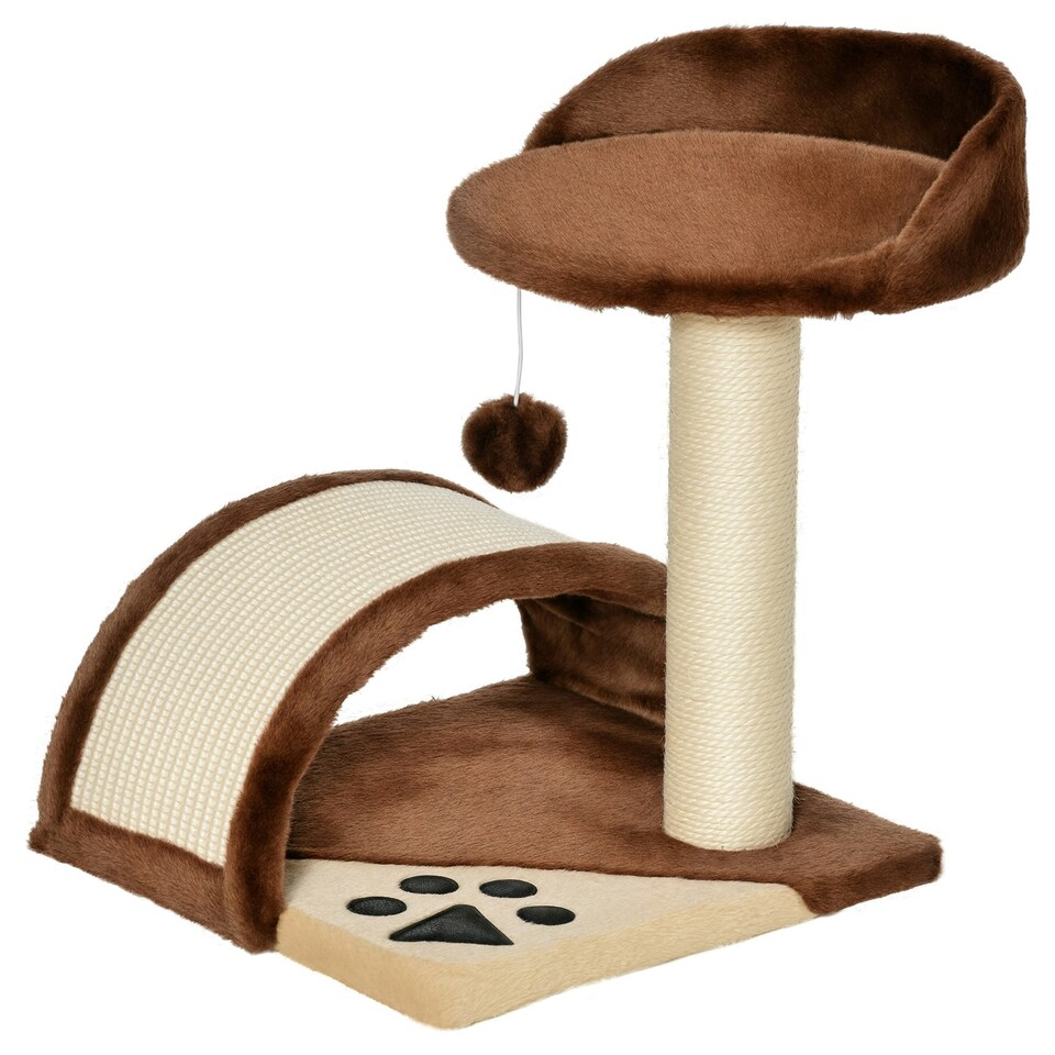 image 1 of PawHut Cat Tree Scratching Post Activity Centre Climber Hanging Ball Brown