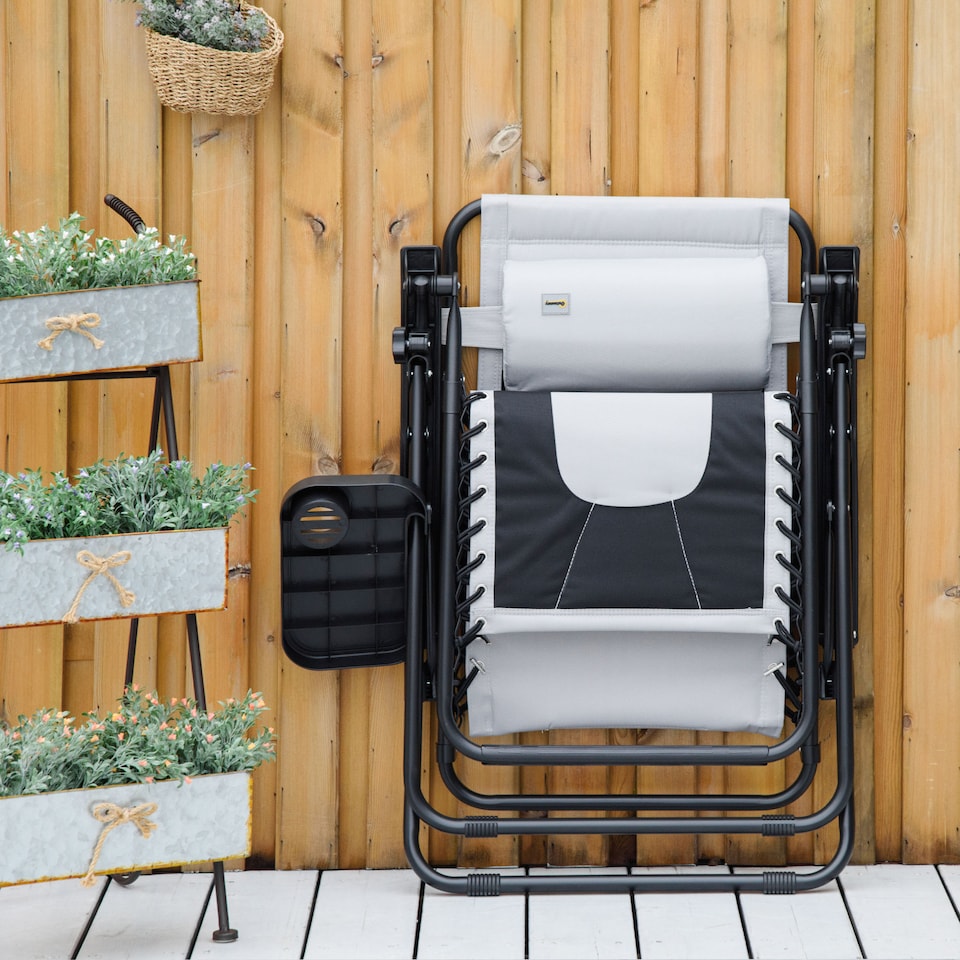 image 1 of Outsunny Zero Gravity Lounger Chair, Folding Reclining Patio Chair with Padded Seat, Cup Holder, Soft Cushion and Headrest for Poolside, Camping, Light Grey