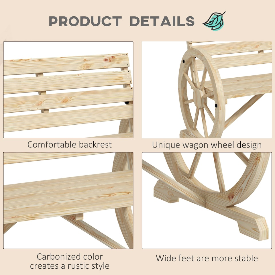 image 1 of Outsunny 2 Seater Garden Bench w/ Wooden Cart Wagon Wheel Natural
